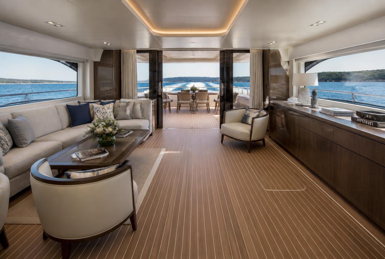 Yacht saloon interior with synthetic teak sole and pale caulk lines