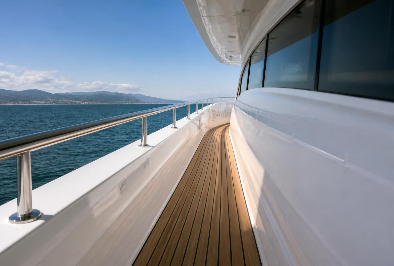 Yacht side deck with new synthetic teak planking curving along a white superstructure