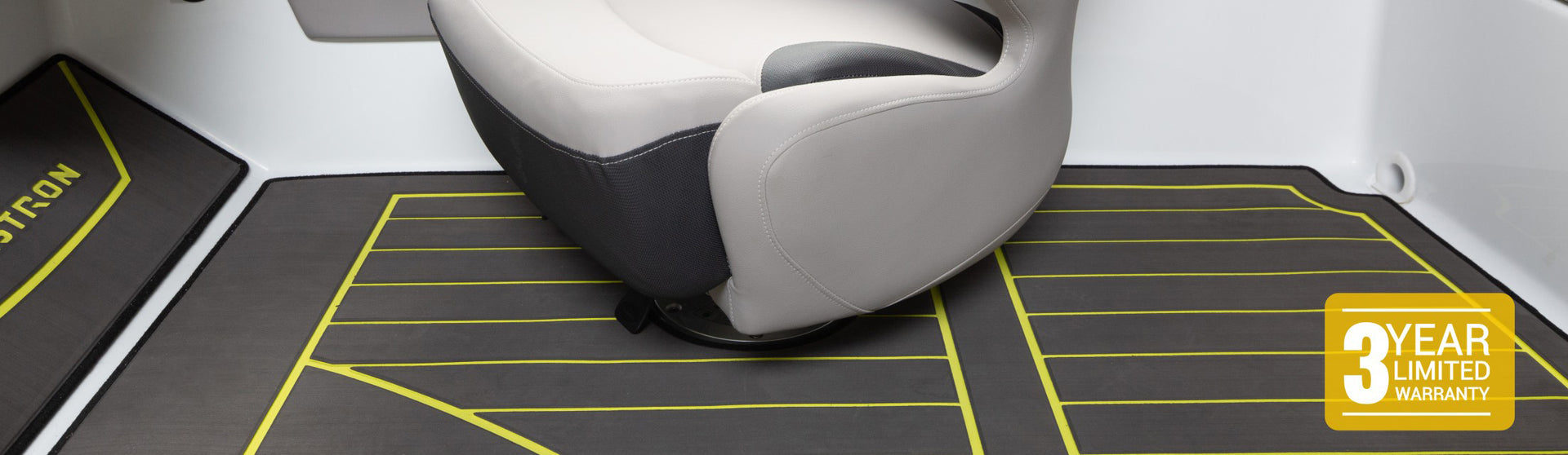 MarineMat Stick-It fiber-backed marine flooring laid out across a boat deck